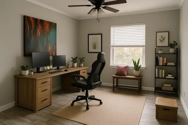 a view of a workspace with furniture and a window