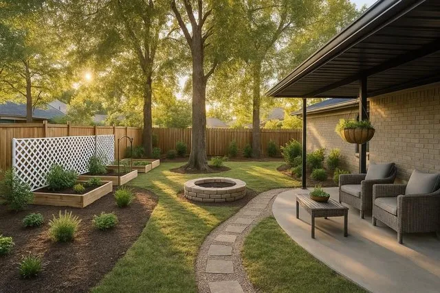 a backyard of a house with fountain table and chairs