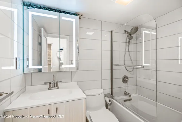 a bathroom with a sink toilet vanity and shower