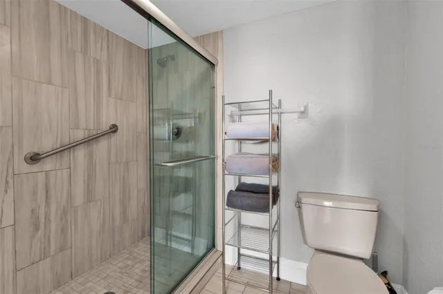 a bathroom with a shower and toilet