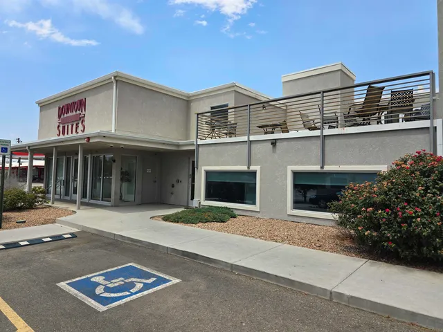 front view of a building with a street