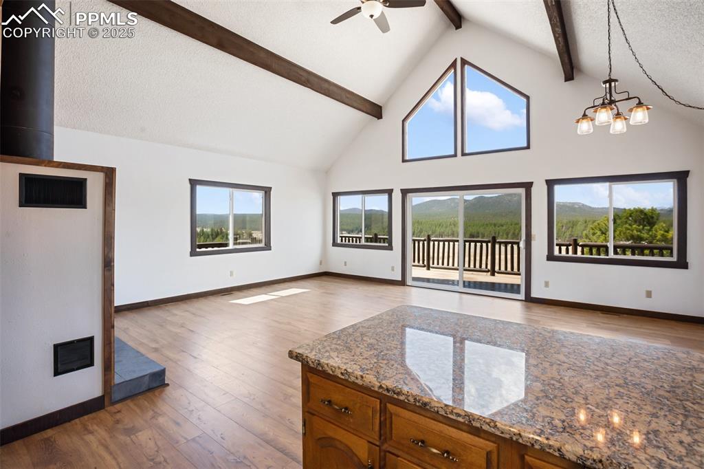 39609 Highway 24 Lake George, CO 80827 - Photo 12 of 46 Unfurnished living room featuring high vaulted ceiling, beamed ceiling, a ceiling fan, and wood finished floors