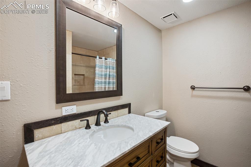39609 Highway 24 Lake George, CO 80827 - Photo 21 of 46 Basement Level Guest Bathroom featuring visible vents, vanity, a curtained shower, and toilet