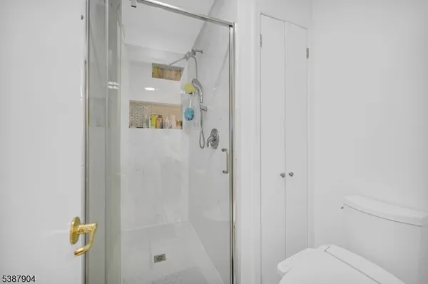 a bathroom with a shower and toilet