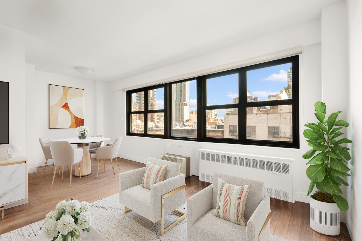 240 East 76th Street, Unit 8G Manhattan, NY 10021 - Photo 3 of 8 a living room with furniture and floor to ceiling windows