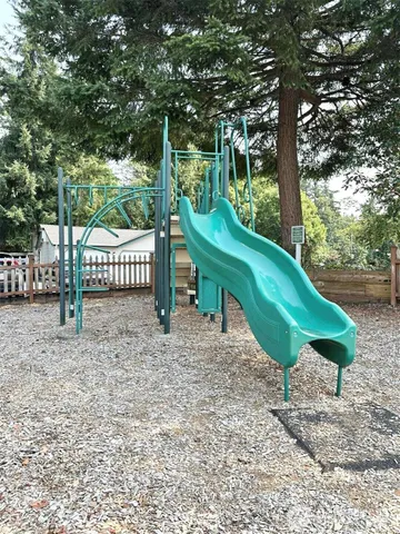 a garden view with a seating space