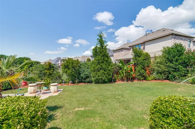a backyard of a house with lots of green space and lake view