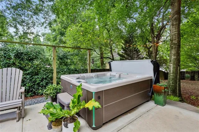 a view of a tables and chairs in a patio