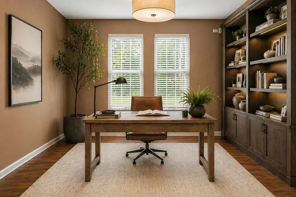 a view of a workspace with furniture and a potted plant