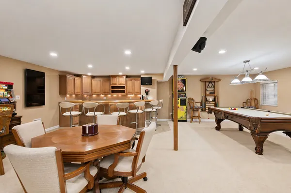 a view of a dining room with furniture