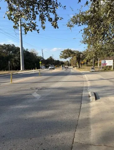 a yard with road and trees
