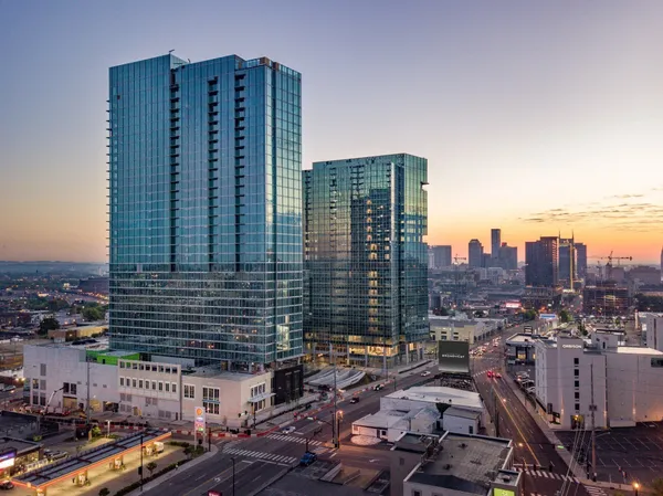 a city view with tall buildings