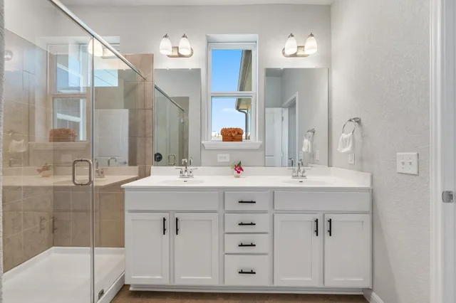 a bathroom with a sink double vanity and a mirror