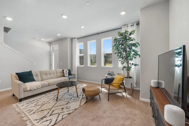 a living room with furniture and a potted plant