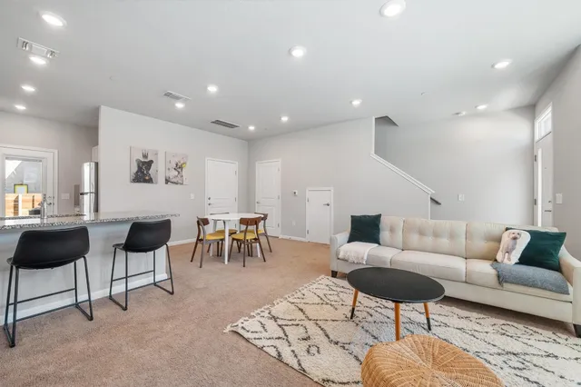 a living room with furniture and a potted plant