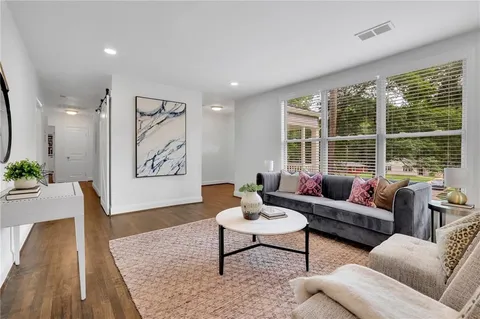 a living room with furniture a rug and a potted plant