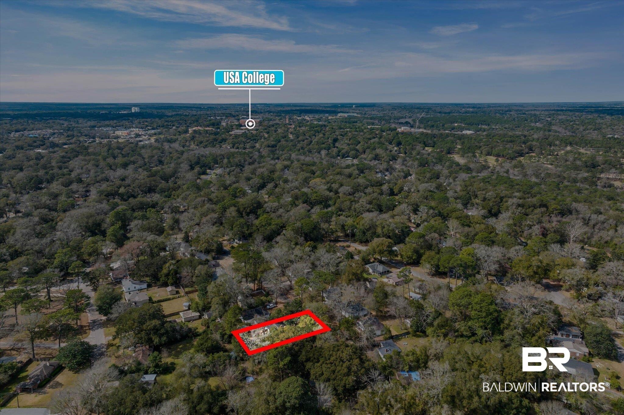 5117 Norton Lane Mobile, AL 36608 - Photo 28 of 35 Aerial view of property's location featuring property parcel outlined and a heavily wooded area
