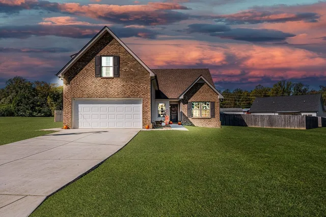 a front view of a house with yard and green space
