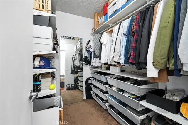 a view of walk in closet with clothes and shoes