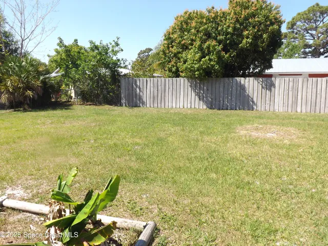 a view of a backyard with plants and tree