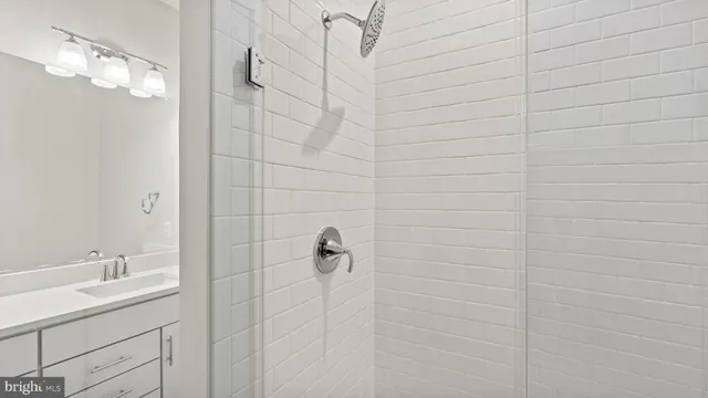 a bathroom with a shower a sink and mirror