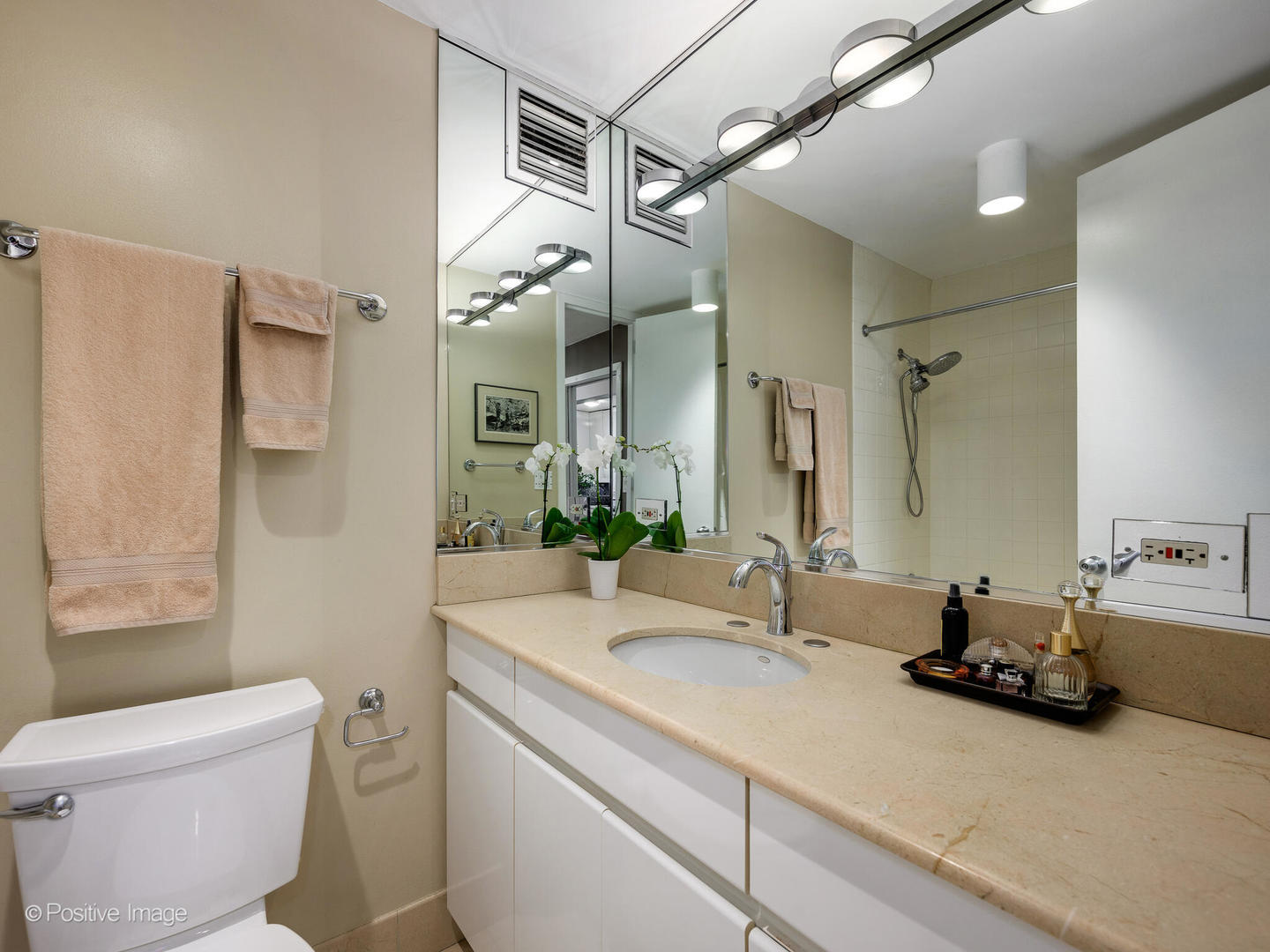 100 East Walton Street, Unit 32B Chicago, IL 60611 - Photo 12 of 17 a bathroom with a double vanity sink toilet and shower