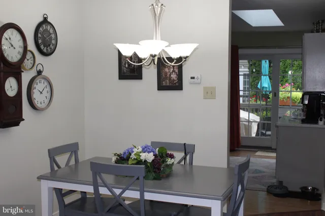 a view of a dining room with furniture and a table