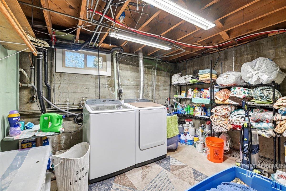 6710 West Ustick Road Boise, ID 83704 - Photo 26 of 42 Laundry area featuring concrete block walls and exposed wood ceiling joists
