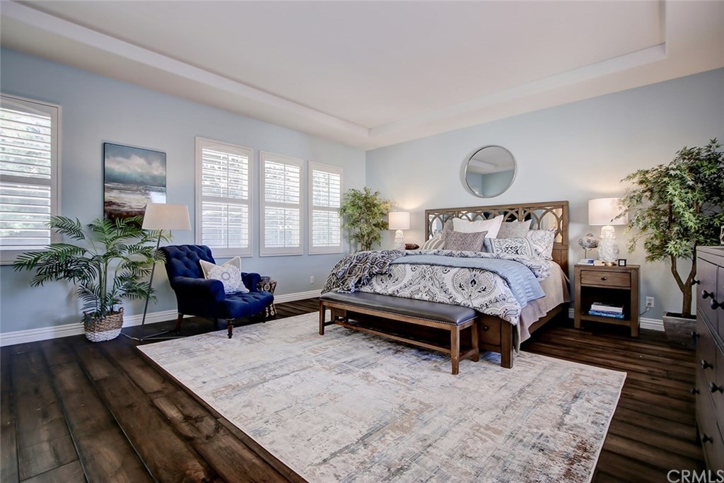 2911 Hawk Pointe Drive Fullerton, CA 92833 - Photo 30 of 55 2nd Floor Master Bedroom Suite Area Features: Coffered Ceiling, Plantation Shutters, and Hardwood Flooring.