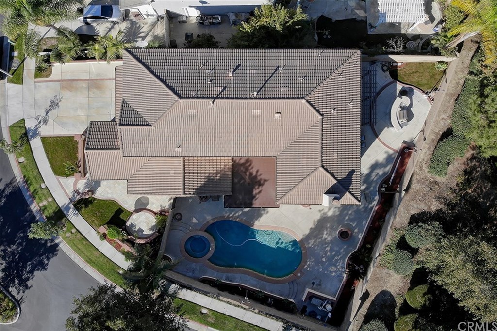 2911 Hawk Pointe Drive Fullerton, CA 92833 - Photo 52 of 55 Overhead View of Exterior Pool/Spa Side Yard Area, Fire Pit, and Backyard Outdoor Island Kitchen/BBQ and Patio Area.