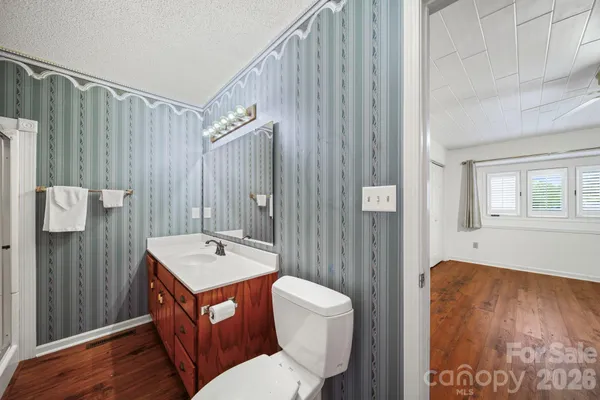 a bathroom with a toilet a sink and mirror