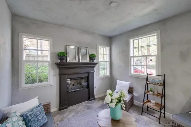 a living room with furniture and a potted plant