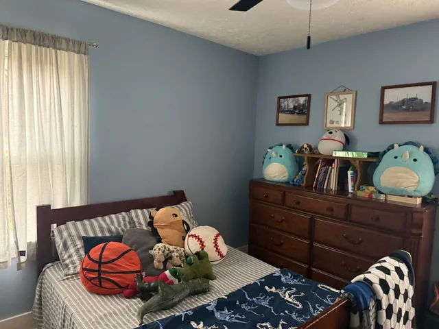 a bedroom with a bed and dresser