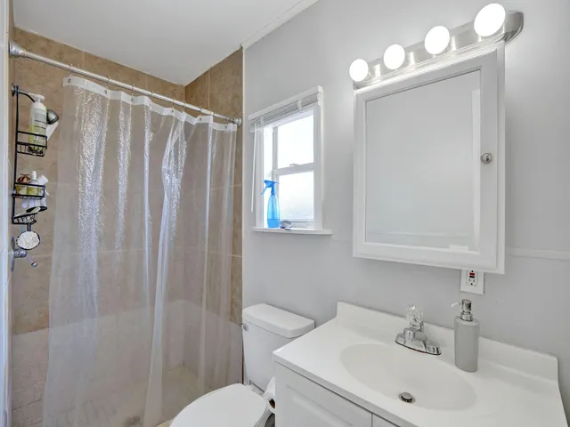 a bathroom with a sink a toilet and shower curtain