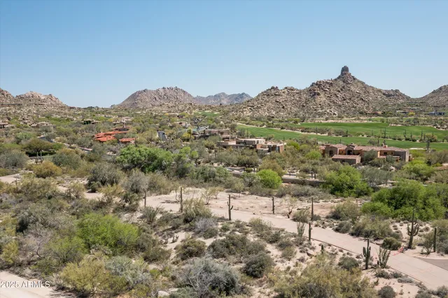 a view of a town with mountains in the background