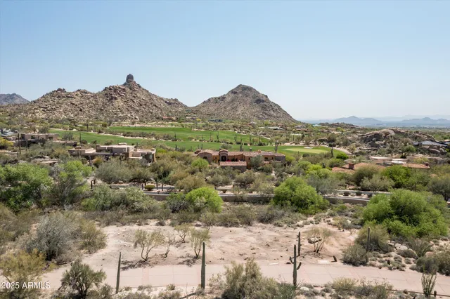 an aerial view of residential houses with outdoor space and trees