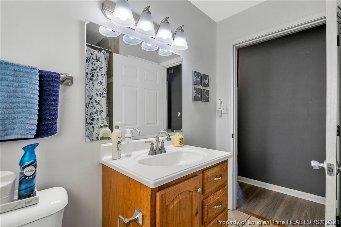 6433 Milford Road Fayetteville, NC 28303 - Photo 38 of 46 a bathroom with a sink a toilet and a mirror