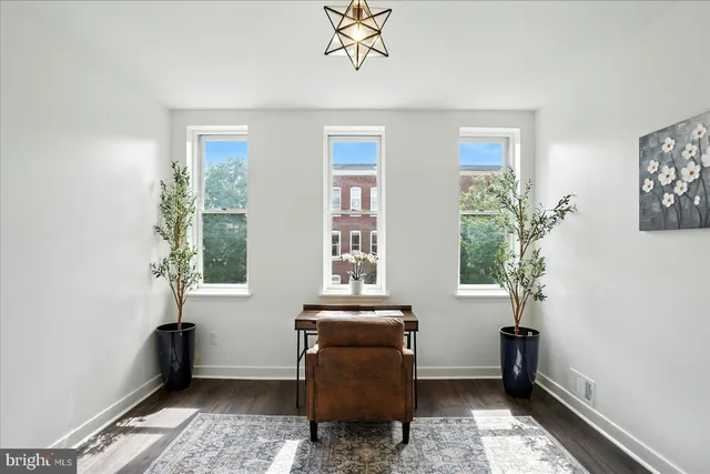 a view of a livingroom with a potted plant a ceiling fan and a window