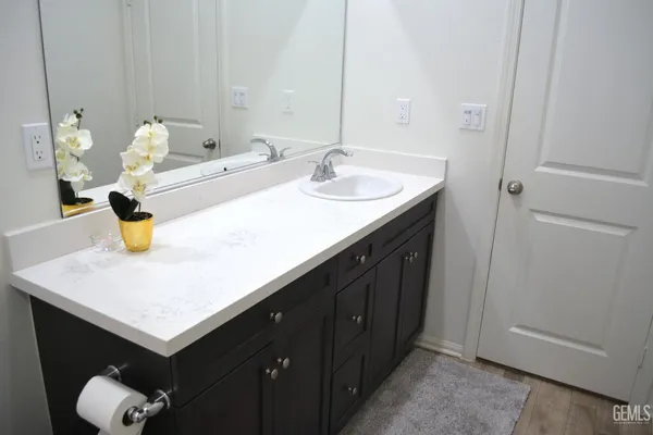a bathroom with a sink and a mirror