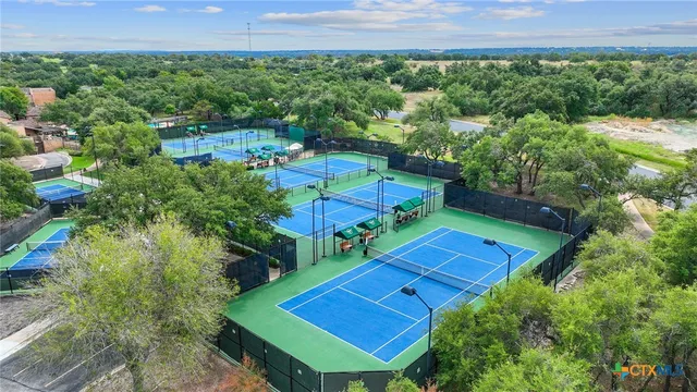 an aerial view of residential houses with outdoor space and trees