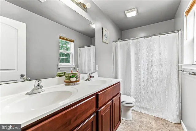 a bathroom with a double vanity sink toilet and a mirror