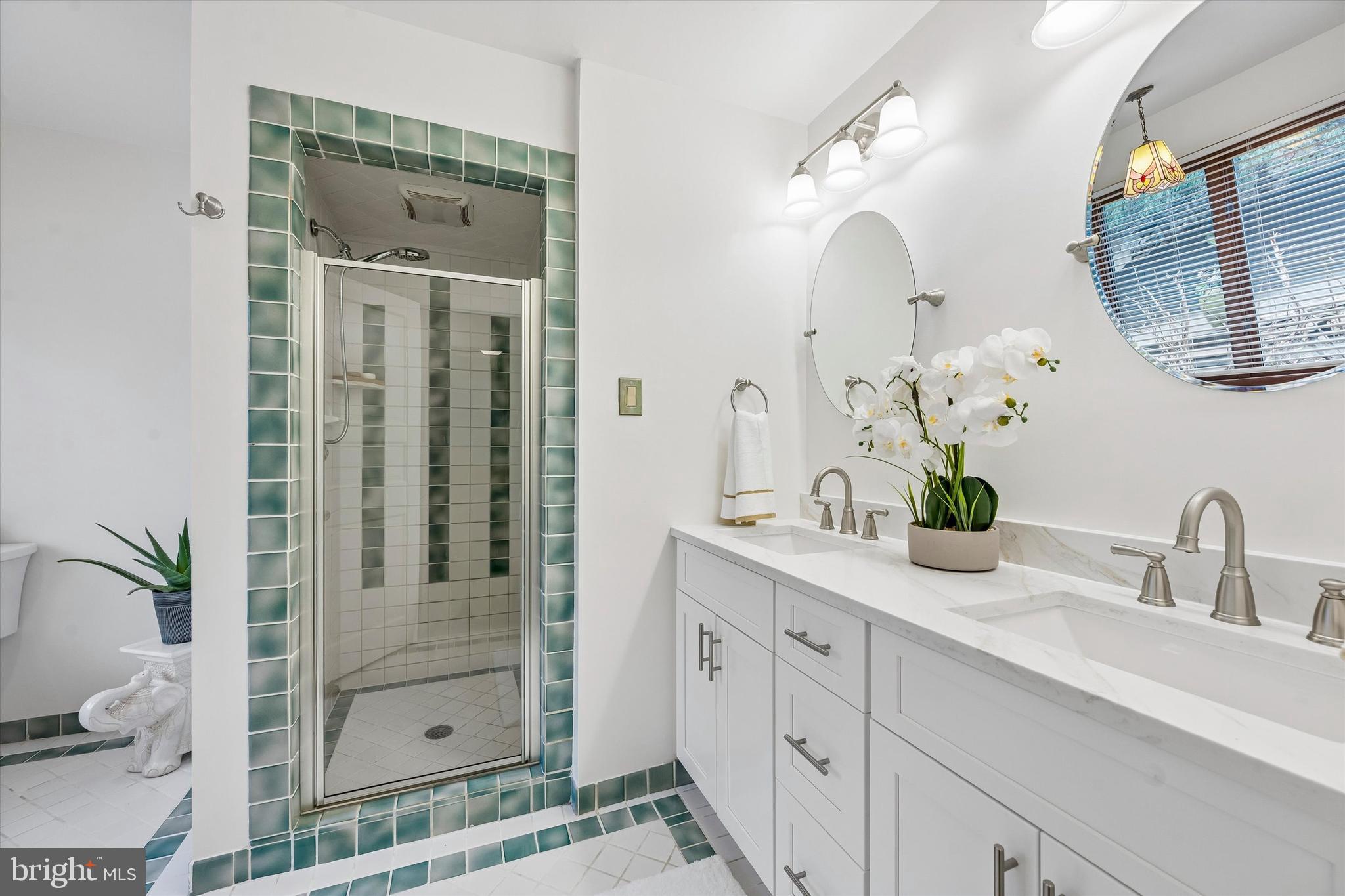 2 Lake Avenue Wallingford, PA 19086 - Photo 27 of 60 a bathroom with a granite countertop sink a mirror and a shower