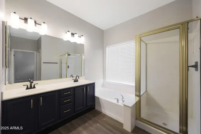 a bathroom with a double vanity sink a mirror a bathtub and shower