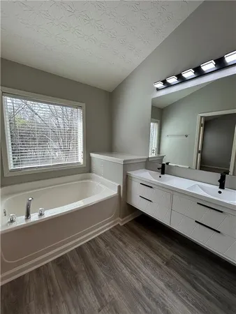a bathroom with a double vanity sink mirror and bathtub