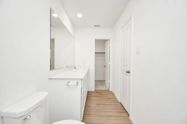 a bathroom with a sink a toilet a mirror and vanity