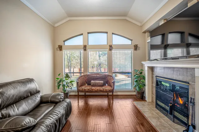 a living room with furniture and a fireplace