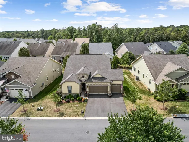 an aerial view of a house with a yard and large tree