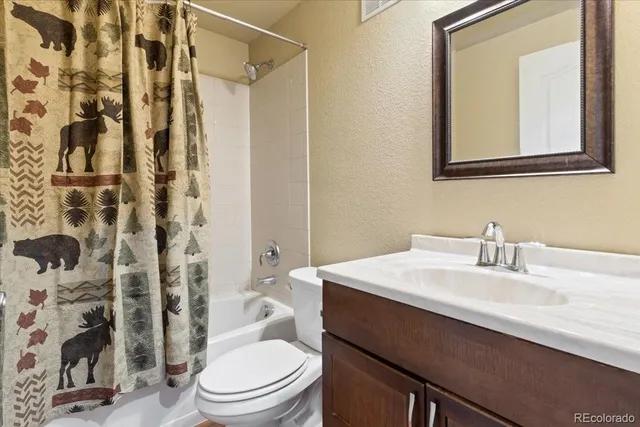 a bathroom with a sink a toilet and shower curtain