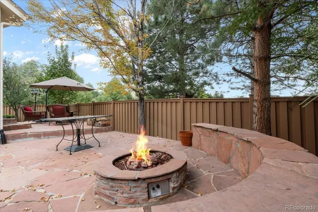 a backyard of a house with table and chairs