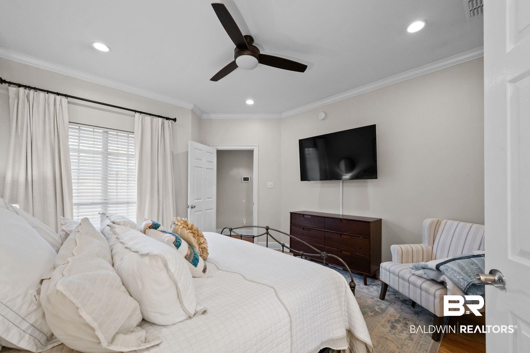 1825 Spring Hill Avenue Mobile, AL 36607 - Photo 18 of 43 Bedroom with ornamental molding, ceiling fan, and wood finished floors